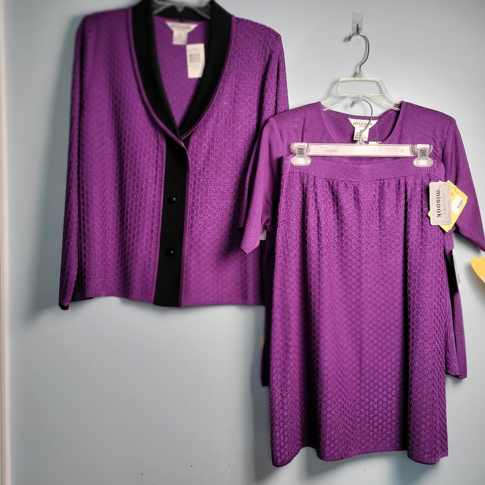 Misook Purple Knit Two-Piece Pantsuit with Black Trim